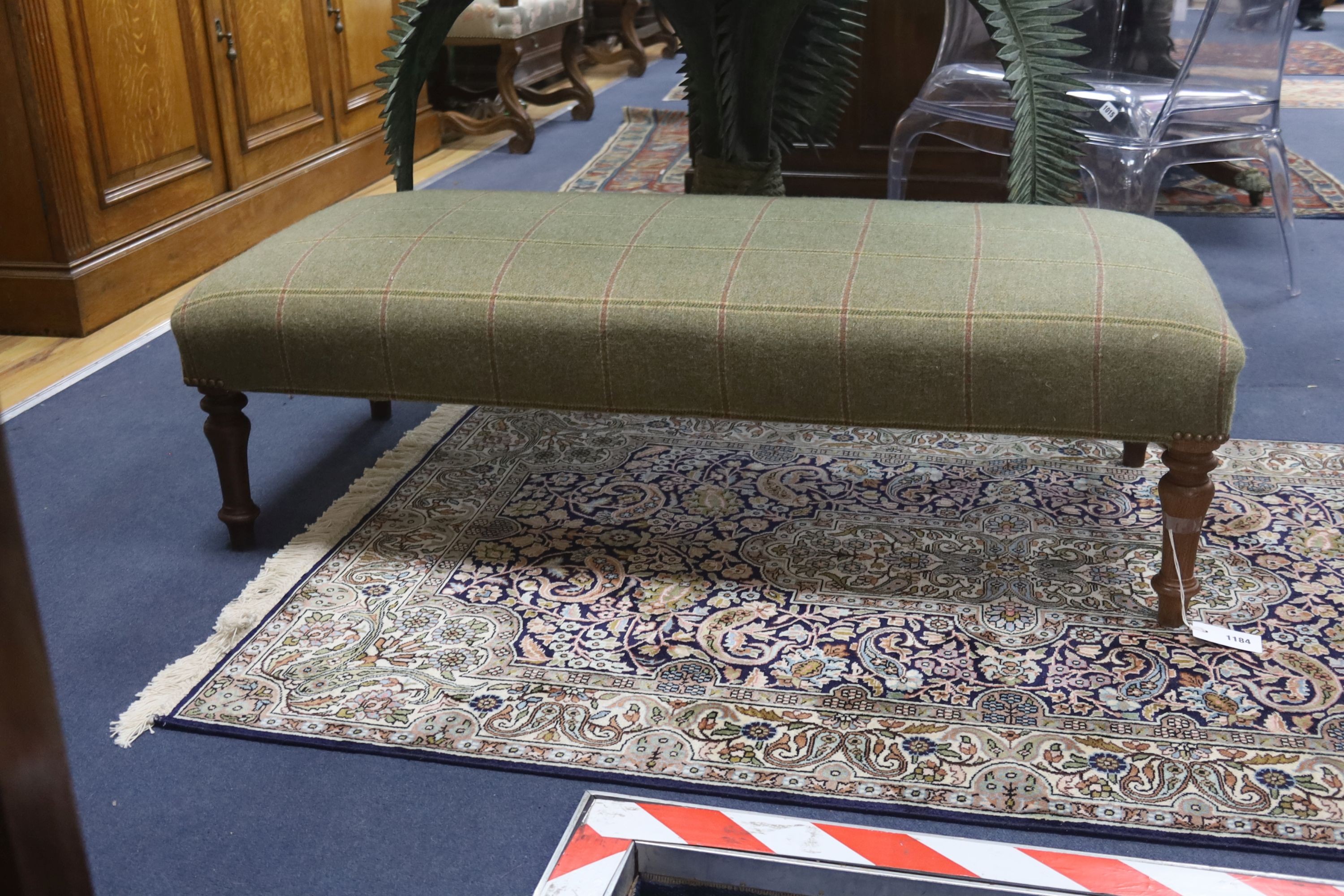 A Victorian rectangular covered stool (Colefax and Fowler), Lanark wool, length 118cm, depth 53cm, height 35cm